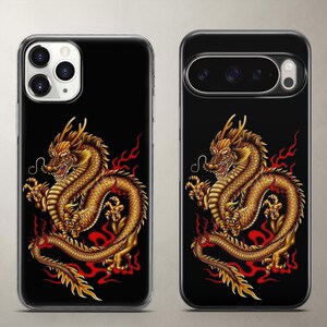 Striking mythical phone case showing a highly detailed golden eastern dragon surrounded by vibrant red flames on a black background, shown on Apple iPhone and Google Pixel. Blends epic fantasy art with sturdy daily tech protection. The clear silicone bumper absorbs impact from unexpected drops. Custom fit for modern smartphone models to keep your device completely safe and looking fiercely stylish