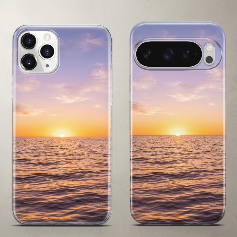Cinematic landscape phone case featuring a golden ocean sunset, with warm light reflecting off the rolling sea waves under a clear evening sky