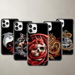 Five dark fantasy phone cases for Apple iPhone 18 Pro Max, 17, 16e, 15, 14, 13, 12, and SE on a solid black background. Designs feature epic red dragons, a creepy skull, and ancient yin-yang symbols. Made of premium clear shockproof TPU silicone to protect your smartphone from daily drops. Excellent gothic aesthetic gift for gamers and fantasy fans who appreciate intricate mythology art