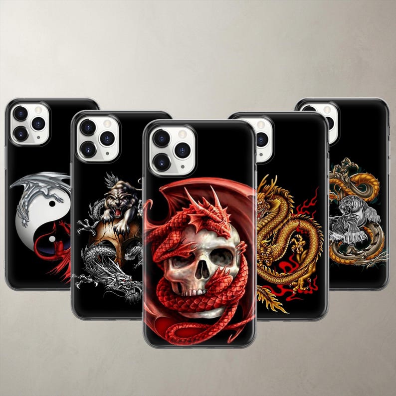 Five dark fantasy phone cases for Apple iPhone 18 Pro Max, 17, 16e, 15, 14, 13, 12, and SE on a solid black background. Designs feature epic red dragons, a creepy skull, and ancient yin-yang symbols. Made of premium clear shockproof TPU silicone to protect your smartphone from daily drops. Excellent gothic aesthetic gift for gamers and fantasy fans who appreciate intricate mythology art