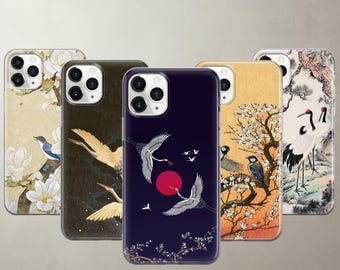 Coque de téléphone d'inspiration japonaise pour iPhone 18 Pro Max, 17, 16e, 15, 14, 13, 12 SE, Pixel 11 Pro XL, 10A et 9 - Motif grue et fleurs de cerisier - Idée cadeau esthétique asiatique