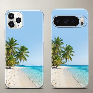 Vibrant tropical landscape phone case featuring lush green palm trees, white sand, crystal clear turquoise ocean water, and a brilliant clean sky.