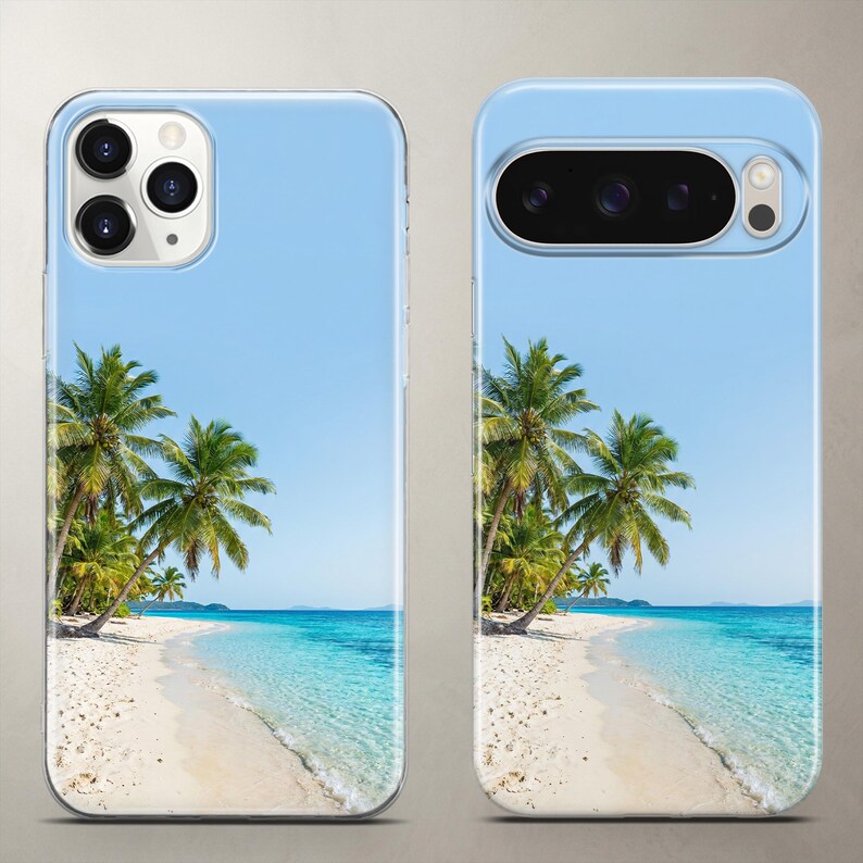 Vibrant tropical landscape phone case featuring lush green palm trees, white sand, crystal clear turquoise ocean water, and a brilliant clean sky.