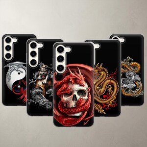 Five dark fantasy phone cases for Samsung Galaxy devices featuring epic dragon and skull designs on a solid black background. Made of clear shockproof TPU silicone to protect your tech from drops. Perfect gothic aesthetic gift for gamers and fantasy fans. Accurately scaled to fit modern models like the new S26 Ultra and A17