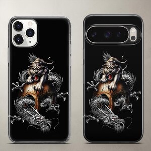 Gothic phone case showcasing a fierce dark mythical beast hybrid resting on a textured bronze surface against a solid black background, pictured on Apple iPhone and Google Pixel. Crafted from sturdy clear TPU silicone that absorbs shock from accidental drops while preserving the intricate dark fantasy artwork. Perfect custom fit for daily tech protection and a fantastic thoughtful gift for gamers