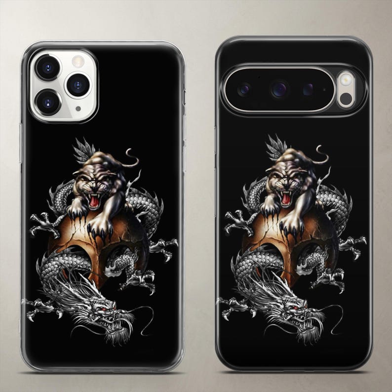 Gothic phone case showcasing a fierce dark mythical beast hybrid resting on a textured bronze surface against a solid black background, pictured on Apple iPhone and Google Pixel. Crafted from sturdy clear TPU silicone that absorbs shock from accidental drops while preserving the intricate dark fantasy artwork. Perfect custom fit for daily tech protection and a fantastic thoughtful gift for gamers