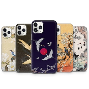 Japanese Bird Art Phone Case: Crane Design, Floral Phone Cover