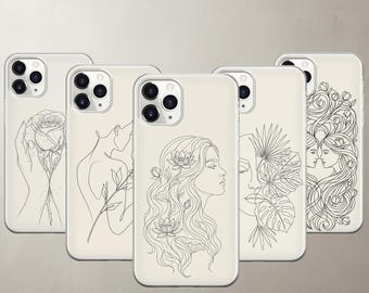 Minimalist Line Art Phone Case for iPhone 17 Pro Max 16E 15 14 Mini Google Pixel 10 Pro XL 9 A Boho Female Silhouette Cover Neutral Abstract