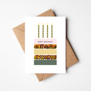 Biglietto per torta di compleanno, biglietto di compleanno African Kente, biglietto di auguri di compleanno astratto per lei o per lui, biglietto afroamericano UK, A6.