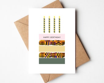 Birthday Cake Card, African Kente Birthday Card, Abstract Birthday Greeting Card For Her or Him, African American Card UK, A6.