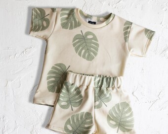 Conjunto de verano de algodón orgánico Monstera (fabricado y cosido en EE. UU.)