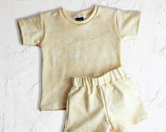 Conjunto de verano con estampado floral pastel de algodón orgánico (fabricado y cosido en EE. UU.)