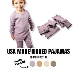 Organic Cotton Ribbed Knit Pajamas, Baby, Toddler, Base Layers, Baby Pajamas, Gender Neutral, Hand-Sewn, USA Made, Loungewear Set