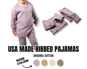 Organic Cotton Ribbed Knit Pajamas, Baby, Toddler, Base Layers, Baby Pajamas, Gender Neutral, Hand-Sewn, USA Made, Loungewear Set