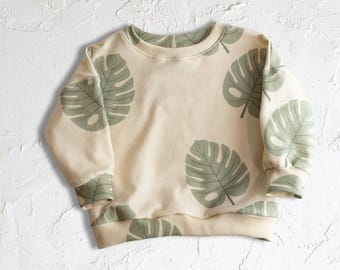 Sudadera de cuello redondo de algodón orgánico Monstera (talla extragrande, confeccionada y cosida en EE. UU.)