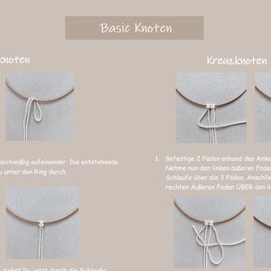 May include: A step-by-step guide on how to tie an anchor knot and a cross knot. The instructions are written in German. The image shows white string being tied around a brown ring.