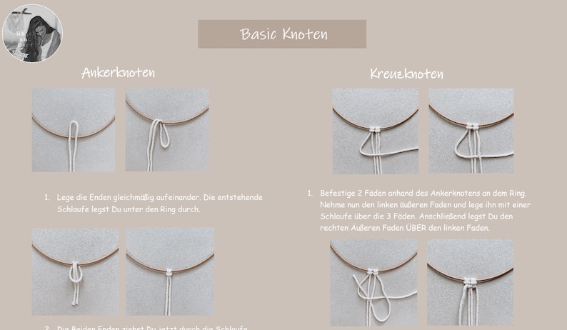 May include: A step-by-step guide on how to tie an anchor knot and a cross knot. The instructions are written in German. The image shows white string being tied around a brown ring.