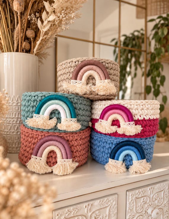 Makramee Körbchen Boho | Regenbogen Aufbewahrungskorb Kinderzimmer | Handmade Organizer | Babyzimmer Deko | Geschenk zur Geburt | gehäkelt