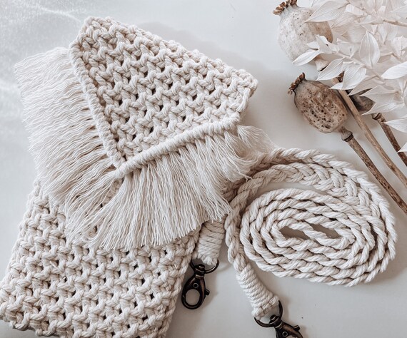 Premium Photo | Handmade macrame phone bag eco friendly natural macrame  cotton bag for woman hobby knitting handmade macrame modern summer concept  for woman