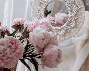 Macramé • Miroir • Bohème • Grand • Cadeau de mariage • Décoration murale • Couronne de fleurs • Décoration de mariage • Mandala