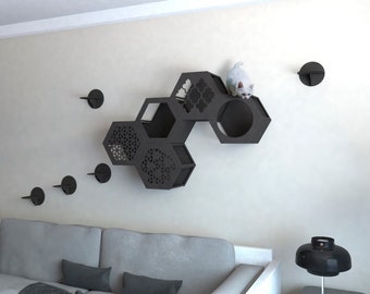 Cat wall shelves Hexagons in Black, Cat tree, Cat tower, Cat furniture, Cat wall furniture, Cat tree tower, Cat furniture wall, Katzenmobel