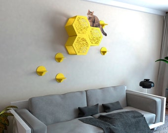 SET of 3 Hexagons and 5 Steps, Cat shelves, Cat climbing wall, Cat wall shelves, Cat tree, Cat tower, Cat wall furniture, Cat furniture wall