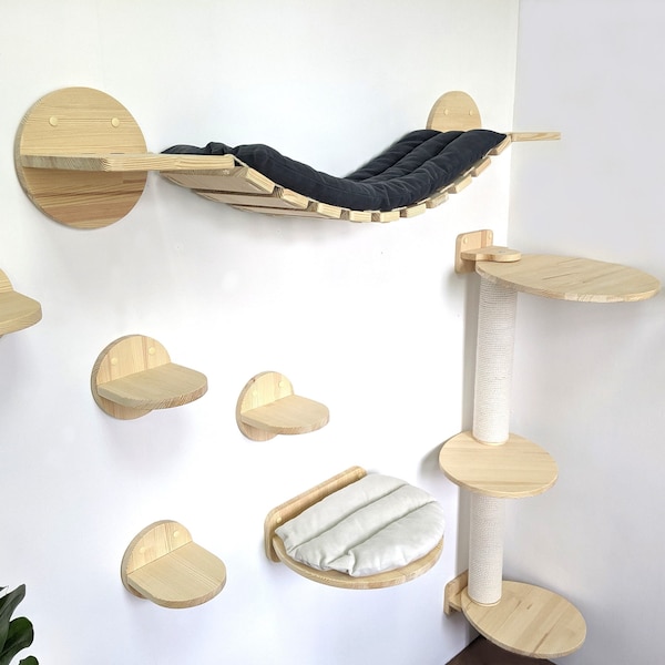 SET of 9 Cat Shelves: Bridge with pillow, 5 Steps, Scratching post, Round Shelf, Feeder 2 Bowls, Cat furniture, Cat wall shelves, Cat ladder