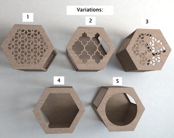 May include: Five variations of hexagonal wooden shelves with different cut-out designs. The shelves are made of light brown wood and have a circular opening in the center. The designs include geometric patterns and a plain design.