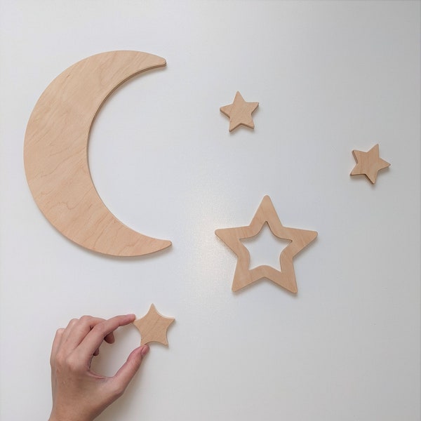 Wooden Wall Stars from Plywood, Self Adhesive, Nursery Wall Decor, Moon wall decor with Stars, Wood wall decor set, Wall hanging with moon