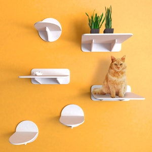 Juego de estantes de pared para gatos en color blanco con 3 peldaños (tamaño M) y 3 estantes para jugar y dormir la siesta. Conjunto de muebles para uso interior y exterior