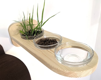 Cat Triple Feeder for wall mounting, Spacey Cat Feeder Shelf with 3 Glass Bowls, dog proof cat feeder 2025
