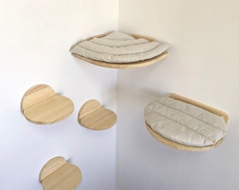 Set "Cutie Corner" with 3 Round Steps, Round XL Shelf and Corner Shelf, Cat wall furniture set, Cat climbing wall, Cat shelves for wall