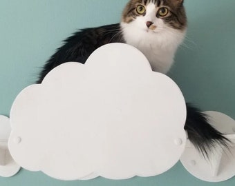 Modern Chunky Flying Cat Bed with White Fur | Wall mounted cat bed - gift for cat lover! | Cloud Calming Cat Bed, cozy and soft, for indoors