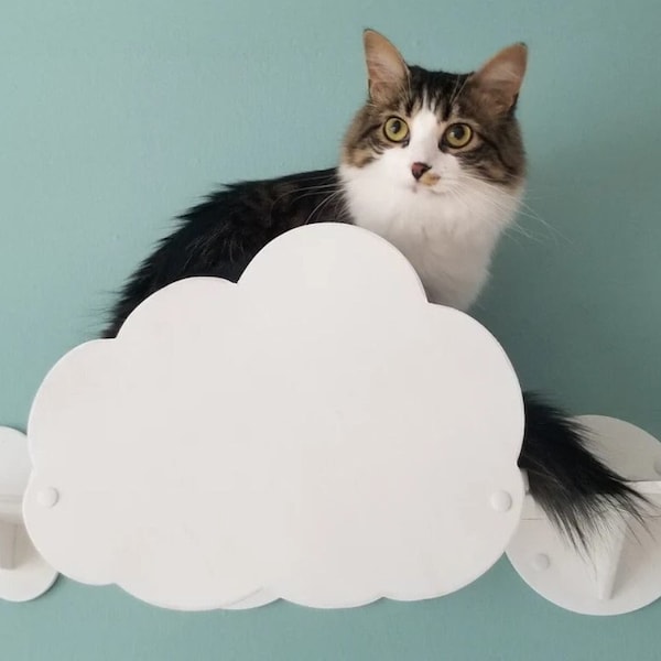 Modern Chunky Flying Cat Bed with White Fur | Wall mounted cat bed - gift for cat lover! | Cloud Calming Cat Bed, cozy and soft, for indoors