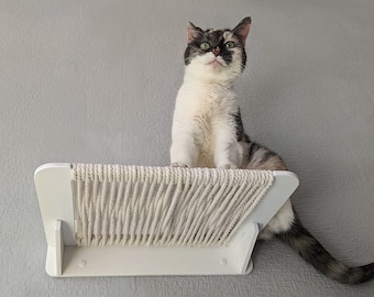Puede incluir: Un gato blanco con manchas negras y marrones se sienta en una plataforma para gatos blanca con una superficie de cuerda beige. La plataforma está montada en una pared.