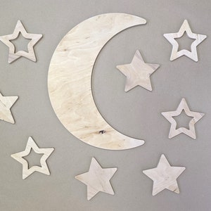 Set of Wooden Wall Stars and Big Moon maded from Plywood, Nursery Wall Decor set, Moon wall decor with Stars, Wall hanging with moon image 1