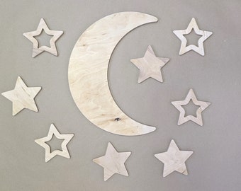Set of Wooden Wall Stars and Big Moon maded from Plywood, Nursery Wall Decor set, Moon wall decor with Stars, Wall hanging with moon