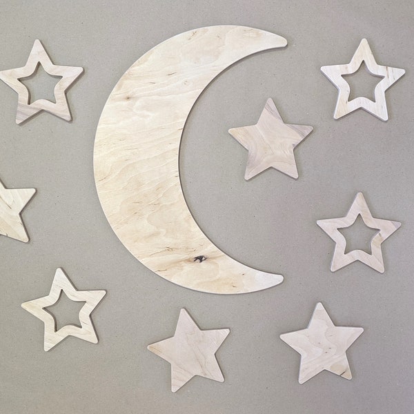 Set of Wooden Wall Stars and Big Moon maded from Plywood, Nursery Wall Decor set, Moon wall decor with Stars, Wall hanging with moon