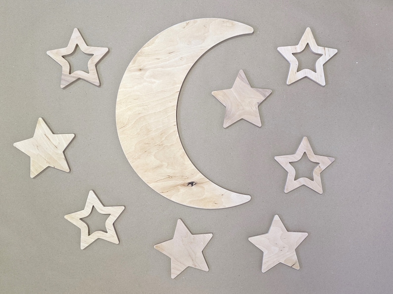 Set of Wooden Wall Stars and Big Moon maded from Plywood, Nursery Wall Decor set, Moon wall decor with Stars, Wall hanging with moon image 1