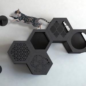 Cat Hexagons in Black Color, Cat wall furniture, Cat shelves, Cat furniture set, Сat Еree, Cat wall shelves, Cat furniture wall, Cat Tunnel