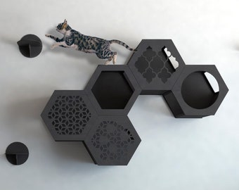 Cat Hexagons in Black Color, Cat wall furniture, Cat shelves, Cat furniture set, Сat Еree, Cat wall shelves, Cat furniture wall, Cat Tunnel