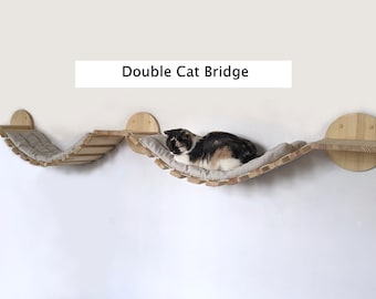 Double Cat Bridge from PineWood, L Sized with or without pillow, Modern cat furniture shelves for all types of walls, Cat wall furniture