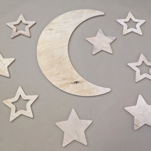 Set of Wooden Wall Stars and Big Moon maded from Plywood, Nursery Wall Decor set, Moon wall decor with Stars, Wall hanging with moon image 7