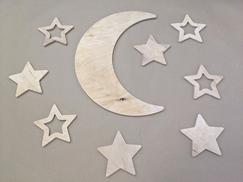 Set of Wooden Wall Stars and Big Moon maded from Plywood, Nursery Wall Decor set, Moon wall decor with Stars, Wall hanging with moon image 7