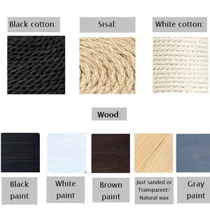 Pu&ograve; includere: Primo piano di diversi materiali utilizzati per i tiragraffi per gatti. I materiali includono corda di cotone nero, corda di sisal, corda di cotone bianco, legno dipinto di nero, legno dipinto di bianco, legno dipinto di marrone, legno naturale e legno dipinto di grigio.