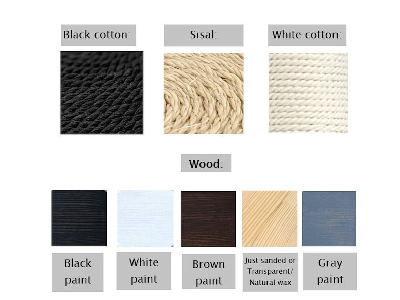 Pu&ograve; includere: Primo piano di diversi materiali utilizzati per i tiragraffi per gatti. I materiali includono corda di cotone nero, corda di sisal, corda di cotone bianco, legno dipinto di nero, legno dipinto di bianco, legno dipinto di marrone, legno naturale e legno dipinto di grigio.