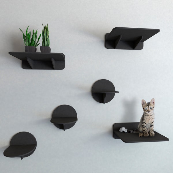 Katzen Wandregal Set in der Farbe Schwarz mit 3 Stufen und 3 Regalböden, Katzenregal, Katzenmöbel, Kratzbaum, Katzenturm, Katzenwandmöbel, Regal