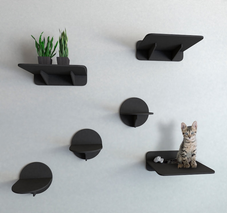 Cat Wall Shelves Set in Black color with 3 Steps and 3 Shelves, Cat shelves, Cat furniture, Cat tree, Cat tower, Cat wall furniture, Shelf image 1