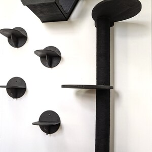 May include: Black cat tree with multiple platforms and a scratching post. The platforms are round and attached to a wall. The scratching post is covered in rope.