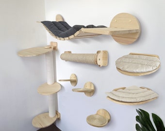 Set of Cat Furniture for Walls (Any Type), Bridge with pillow, Modern Cat Tree, Cute Corner Shelf, 3 Sisal Round Steps, Cat Wall Shelves